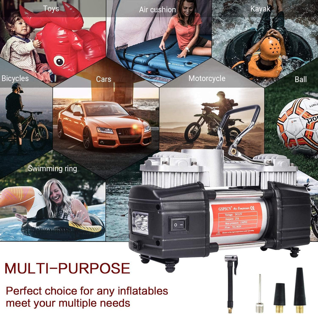 Portable Air Compressor Pump Tire Inflator with Digital Gauge, Heavy Duty Double Cylinder 12V Tire Pump 150 PSI with Tire Repair Kit and Toolbox, Pack of 2 O640405