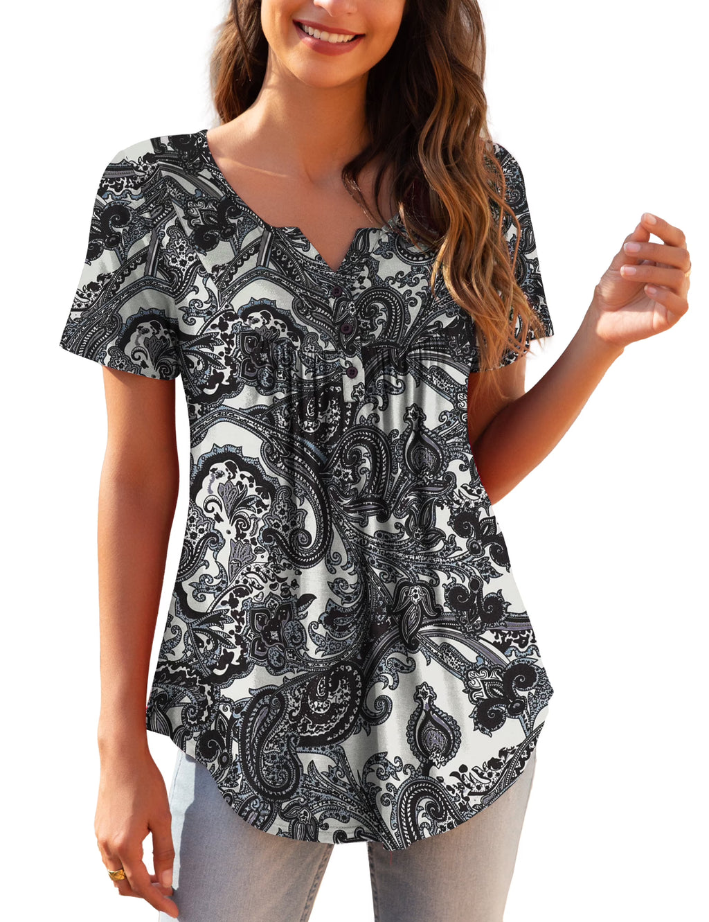 Womens Plus Size Tunic Tops Short Sleeve Floral Henley Shirts U4184