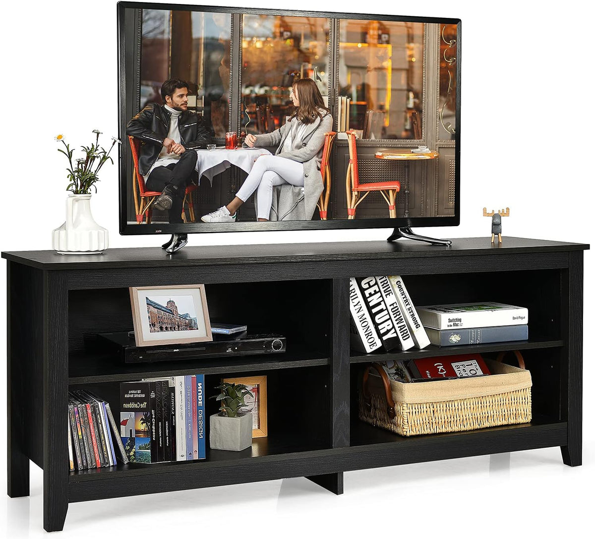 Black 4 Cubby Wood TV Stand with Adjustable Shelf V6789