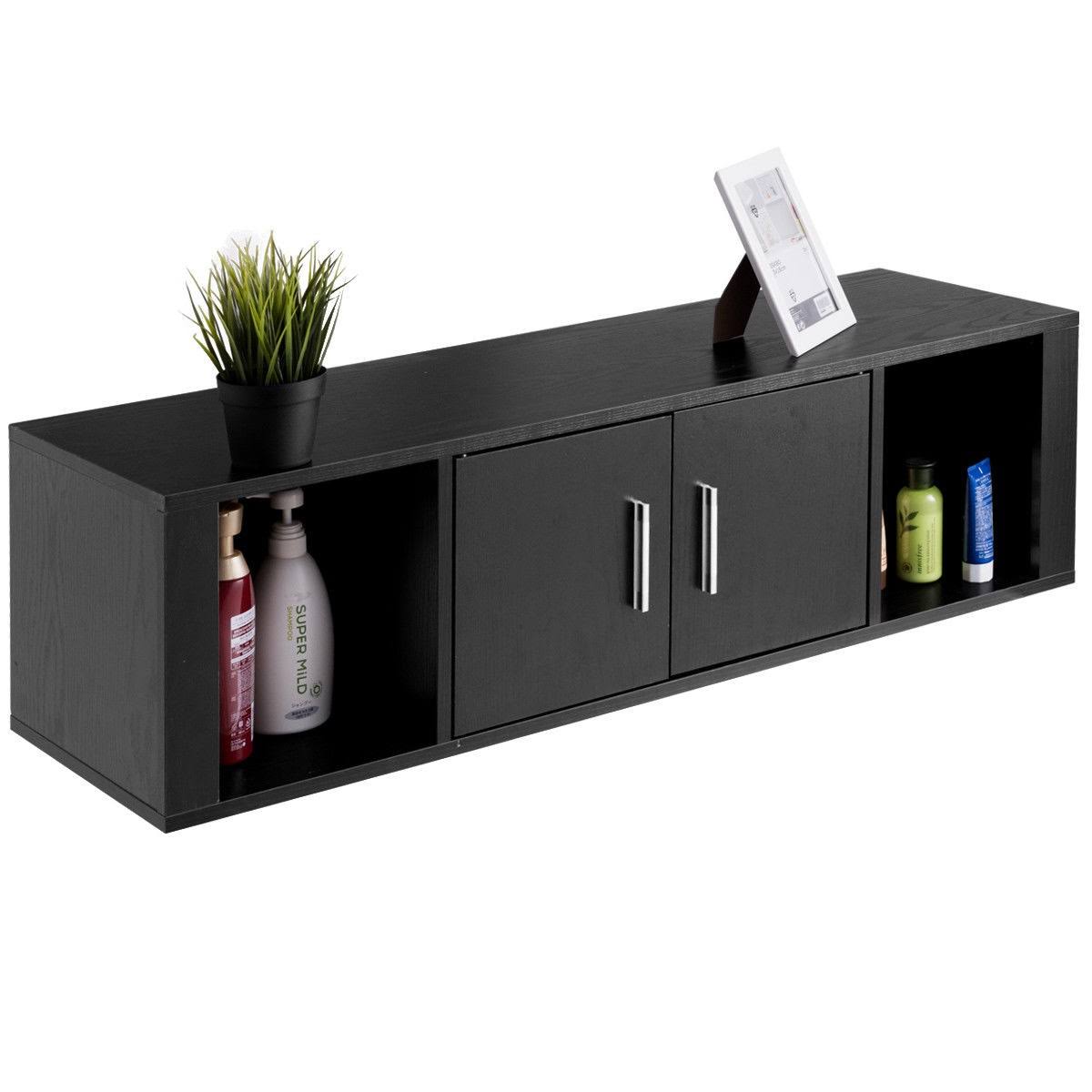 Black Wall Mounted Floating Desk Hutch Cabinet with 2 Door Storage Shelves F94062