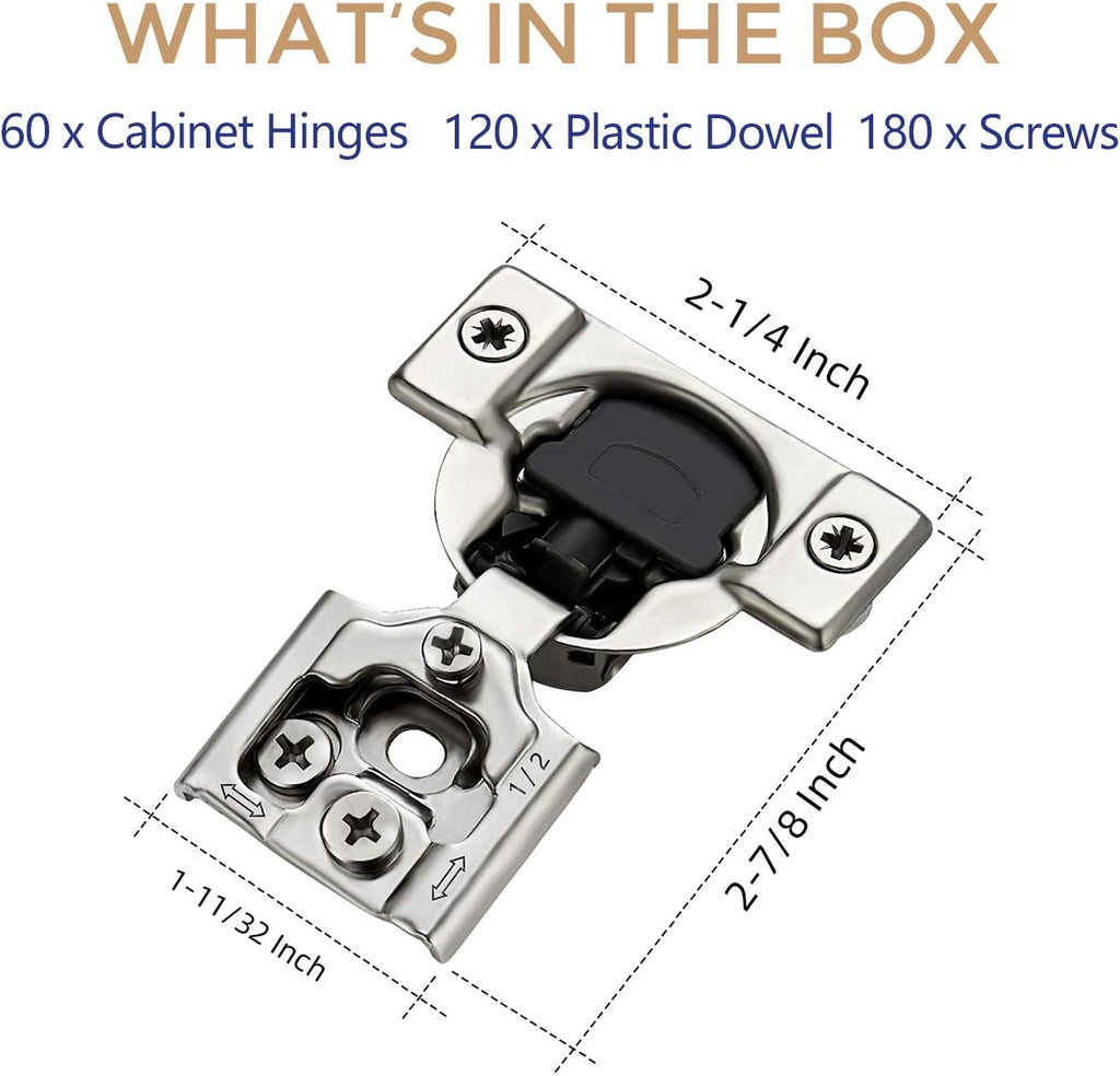 60 Pack 30 Pairs 1/2 inch Overlay Soft Close Hinges Satin Nickel Stainless Steel Concealed Hinge U187