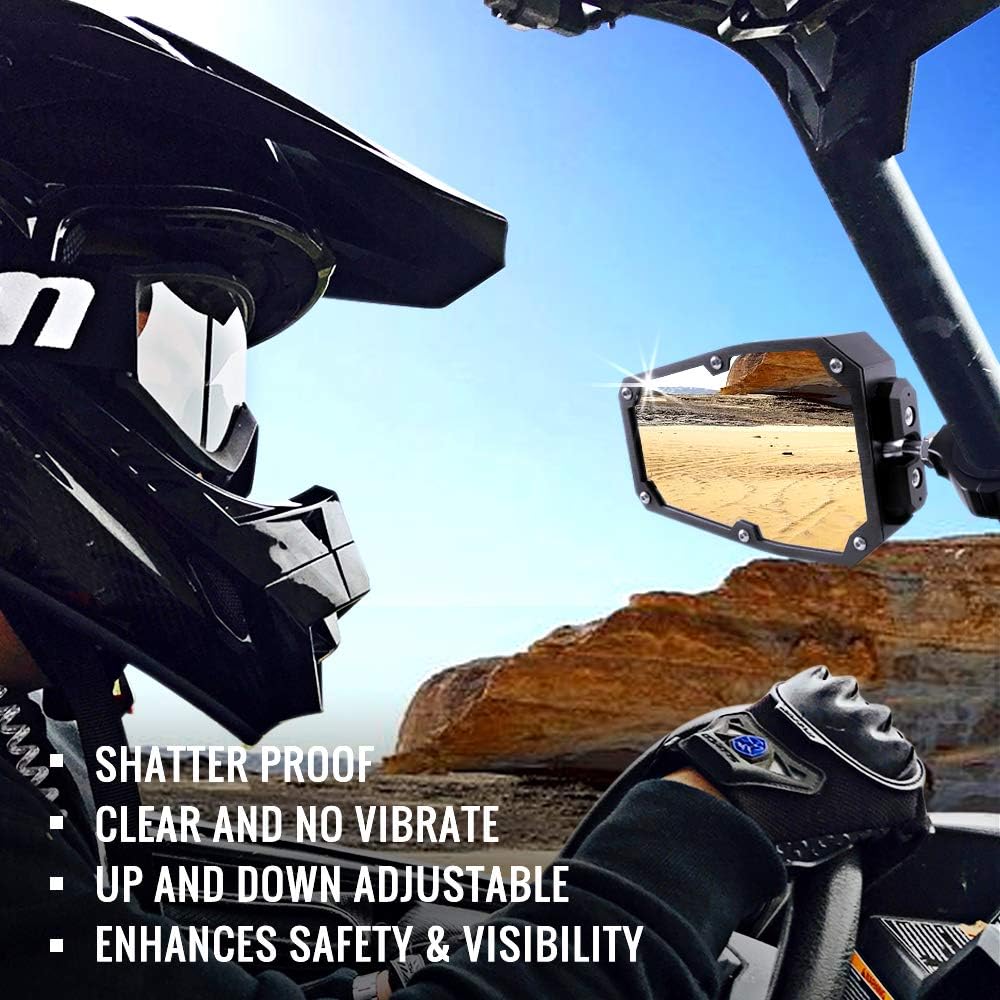 UTV Rear Side View Mirror with LED Spot Light, 1 Pair, Shatterproof Tempered Glass J690