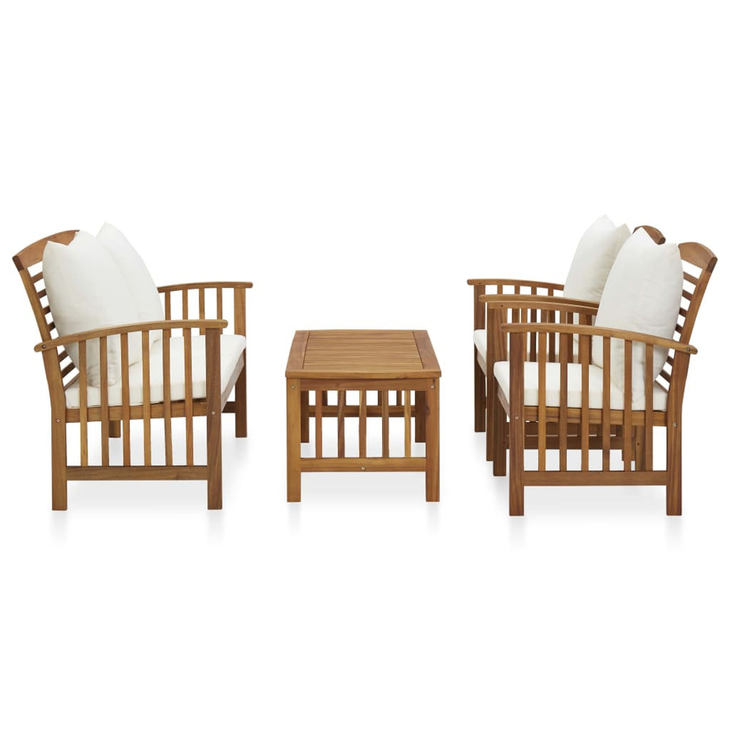 4 Piece Patio Lounge Set with Cream White Cushions Acacia Wood Outdoor Sectional Sofa Set D49826