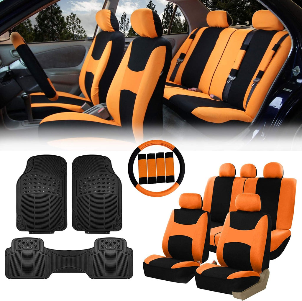 Beige Black Cloth Car Seat Covers Combo Set with Steering Wheel Cover, Seat Belt Pads and Vinyl Floor Mats L15949