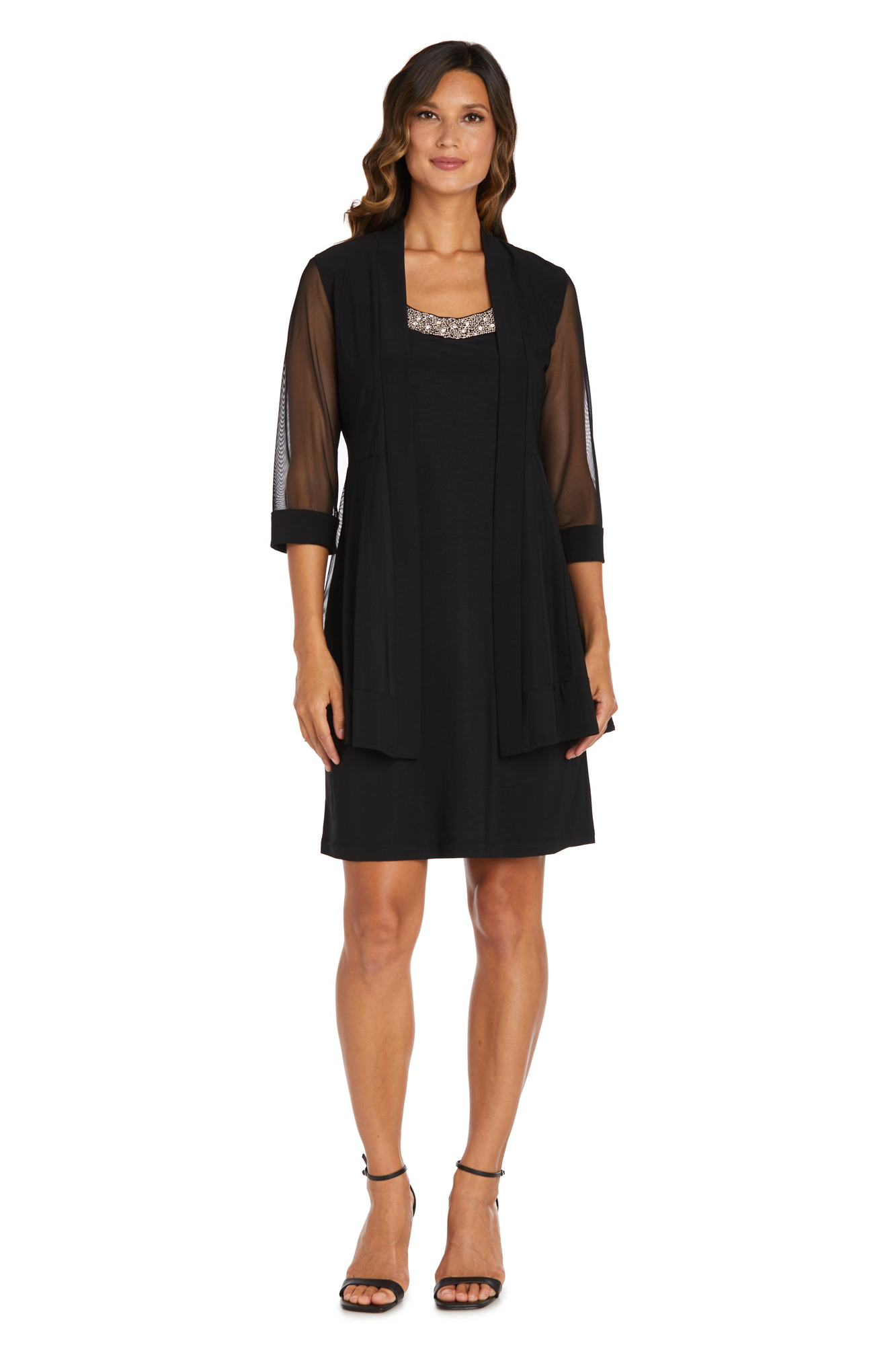 Two-Piece Dress with Beaded Neckline and Jacket with Sheer Sleeves V11624
