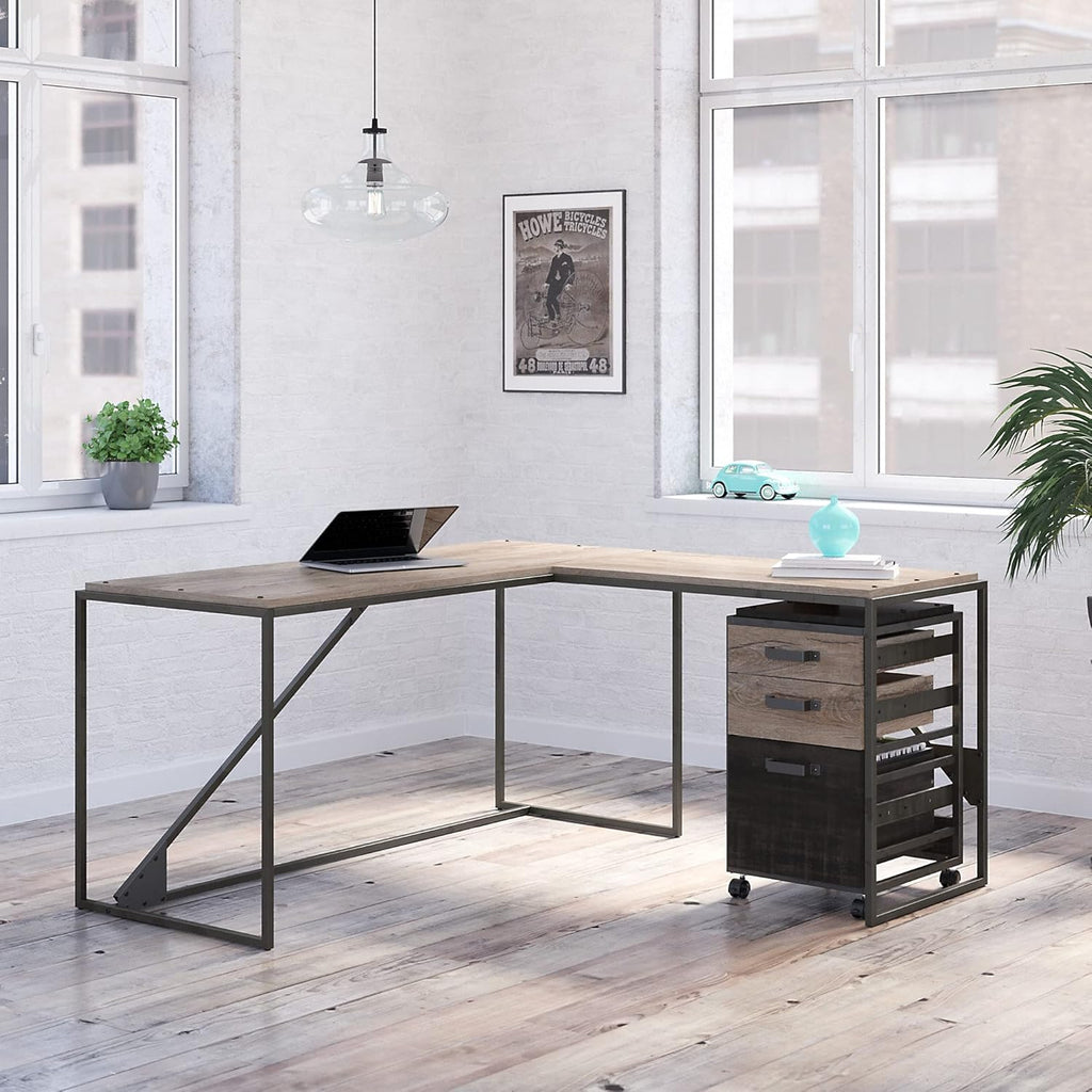 Rustic Gray L Shaped Desk with 3 Drawer Mobile File Cabinet C243