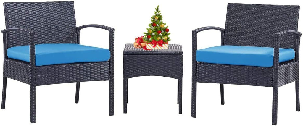 Blue 3 PCS Patio Rattan Bistro Set with Coffee Table and 2 Sofas Y439166