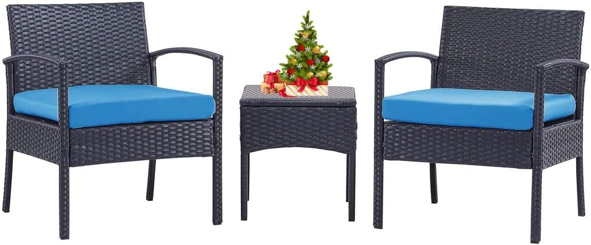 Blue 3 PCS Patio Rattan Bistro Set with Coffee Table and 2 Sofas Y439166