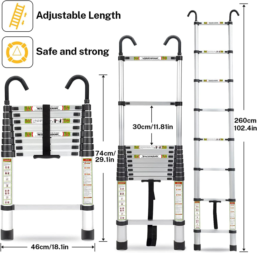 8.5FT Aluminum Telescoping Ladder with Non-Slip Feet, 330lb Capacity J6231
