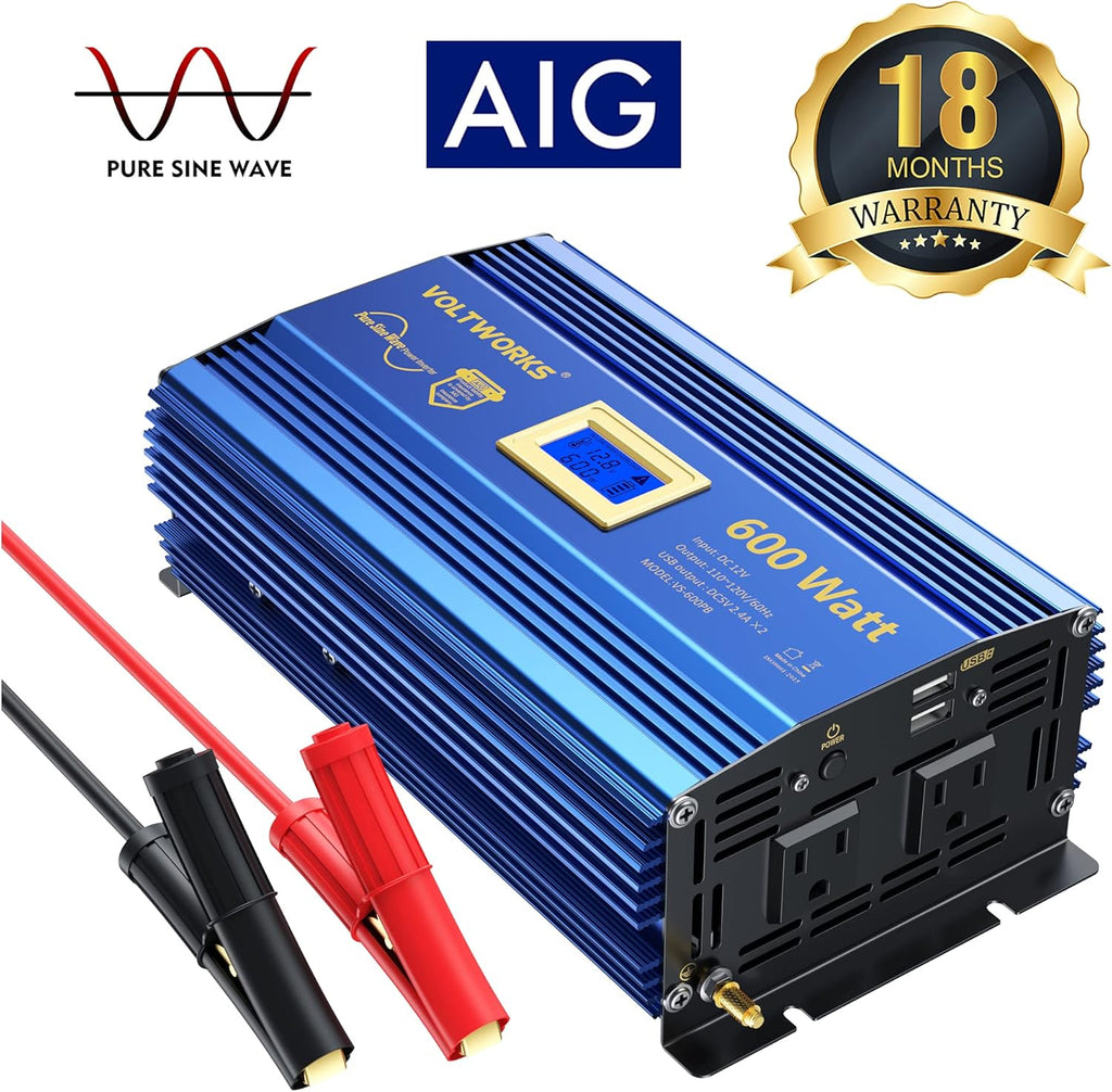 600 Watts Pure Sine Wave Power Inverter DC 12V to AC 110V with Dual USB Port & LCD Display N897