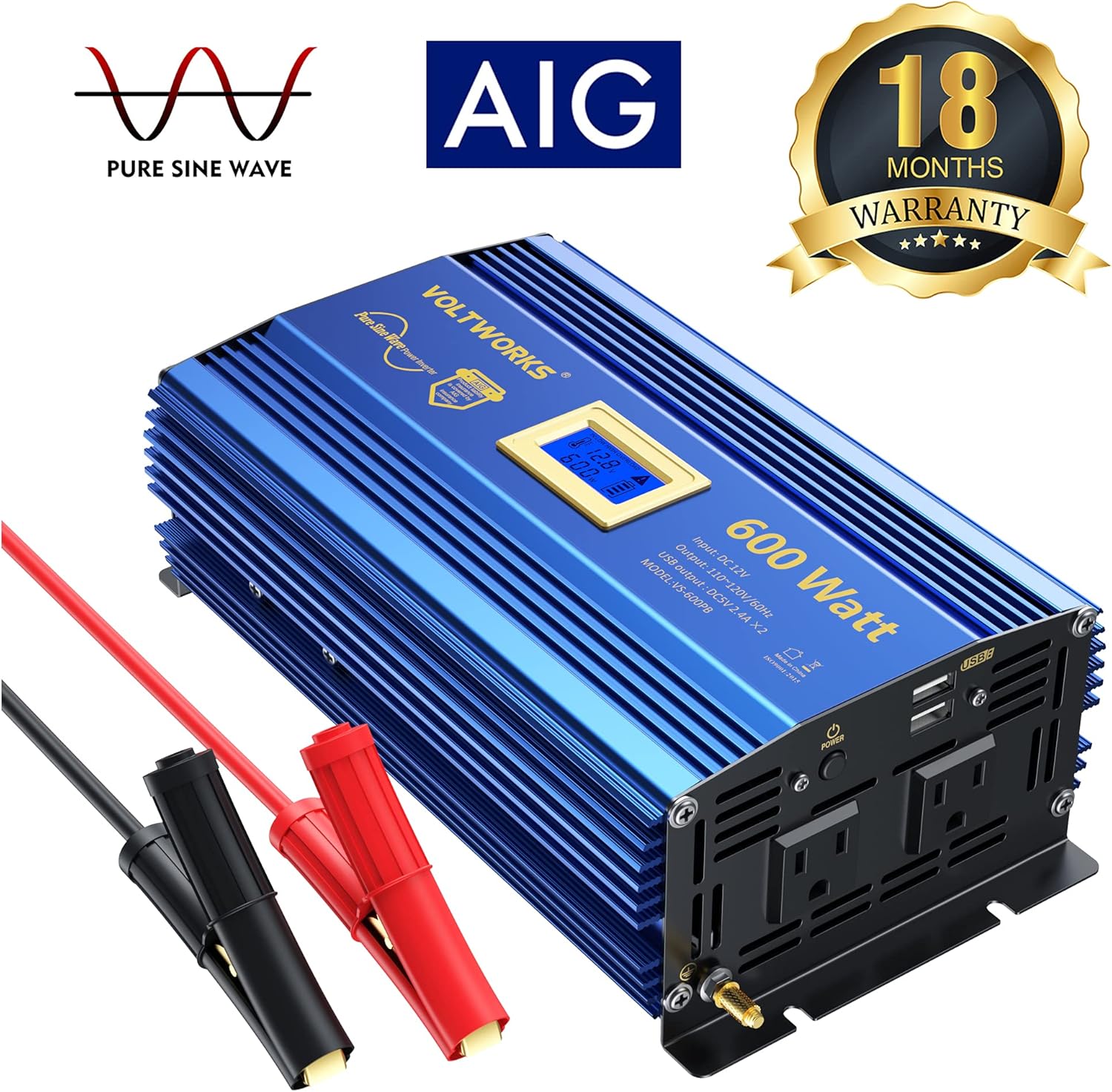 600 Watts Pure Sine Wave Power Inverter DC 12V to AC 110V with Dual USB Port & LCD Display N897
