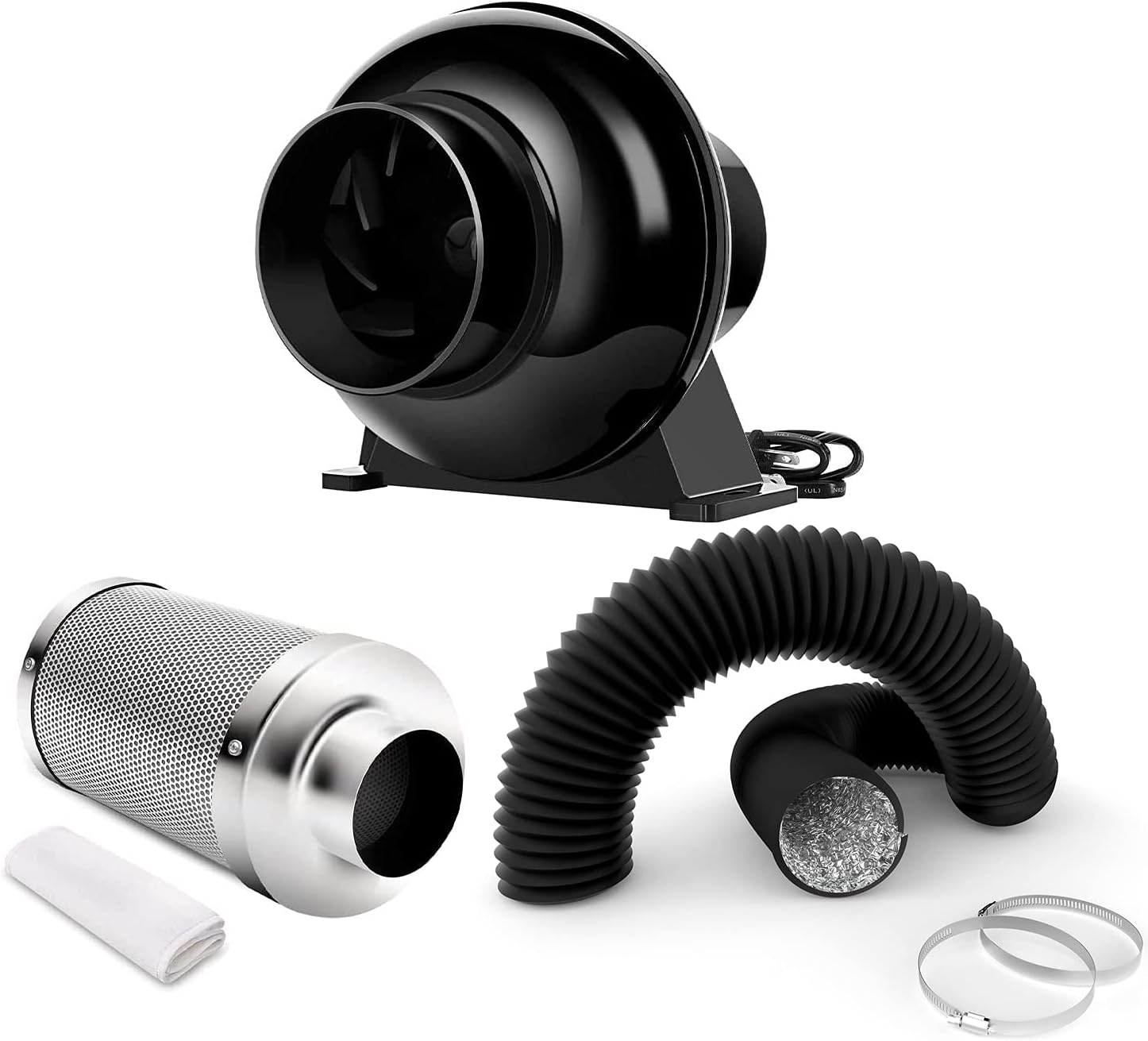 4 Inch 195 CFM Inline Fan, Carbon Filter, 8 Feet Flexible Ducting, Pack of 2 L60930