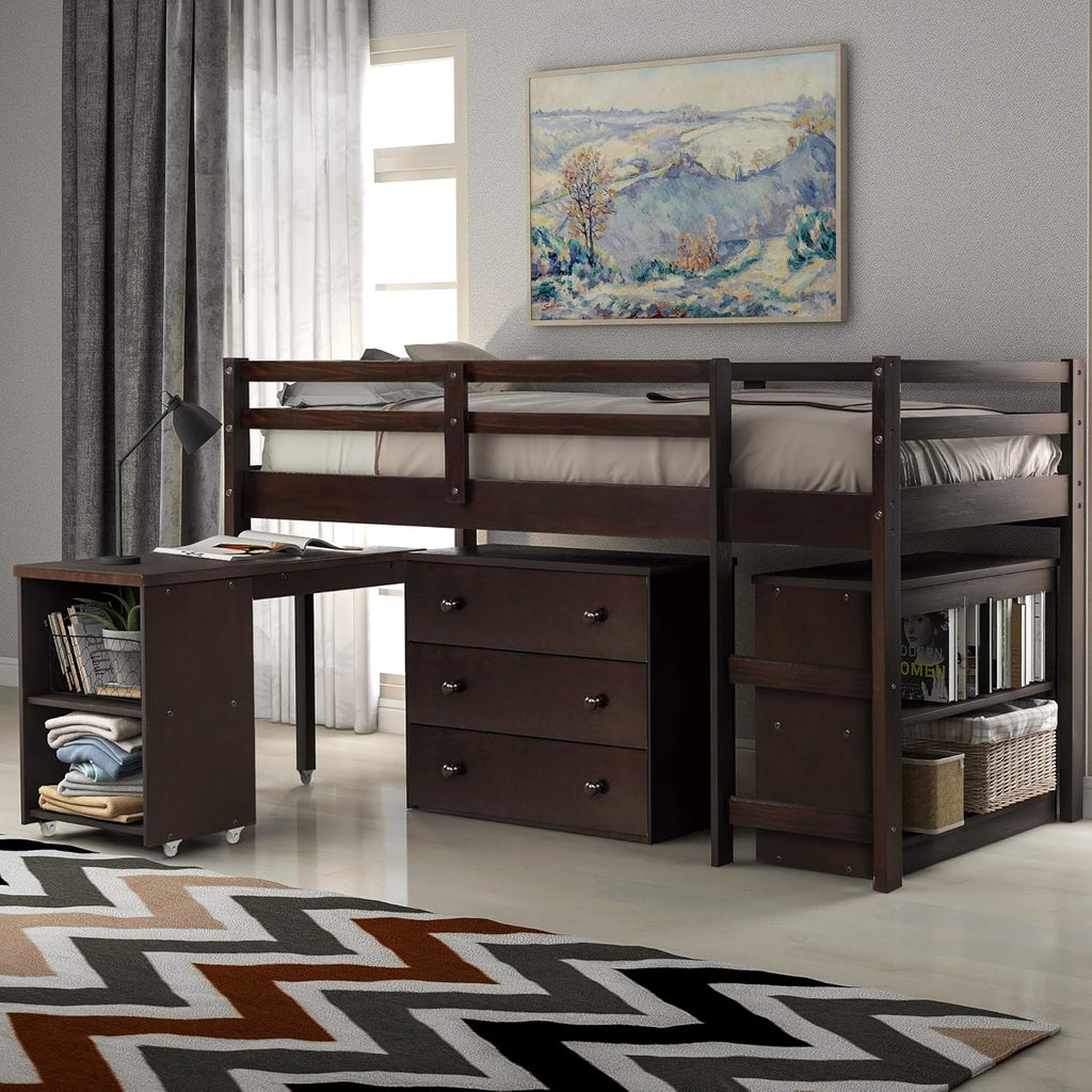 Twin Size Loft Bed with Desk and Storage Cabinet V465